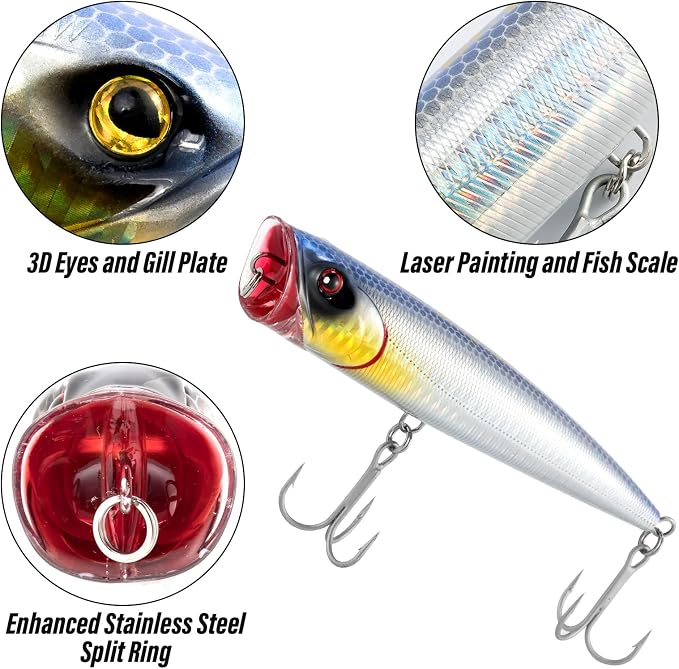 Dr.Fish Popper Saltwater Fishing Lures, 4/5.5 Inches GT Popper VMC Treble Hooks Surf Fishing Lures for Bass Striper Pike Salmon Offshore