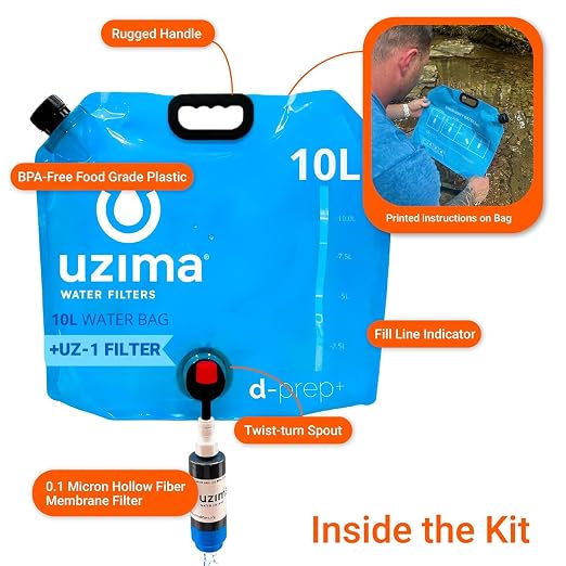 Uzima D-Prep Plus Emergency Water Filtration & Storage System – 10L Collapsible Gravity Water Storage Container with UZ-1 Filter for Safe Drinking – Portable Survival & Camping Bladder