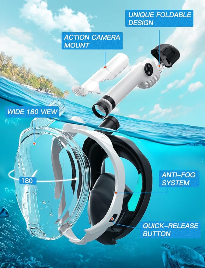 Full Face Snorkel Mask for Adults, 180° Panoramic Anti-Fog Snorkeling Gear with Dry Top System & Camera Mount, Foldable Anti-Leak Design for Travel, Swimming & Ocean Snorkeling