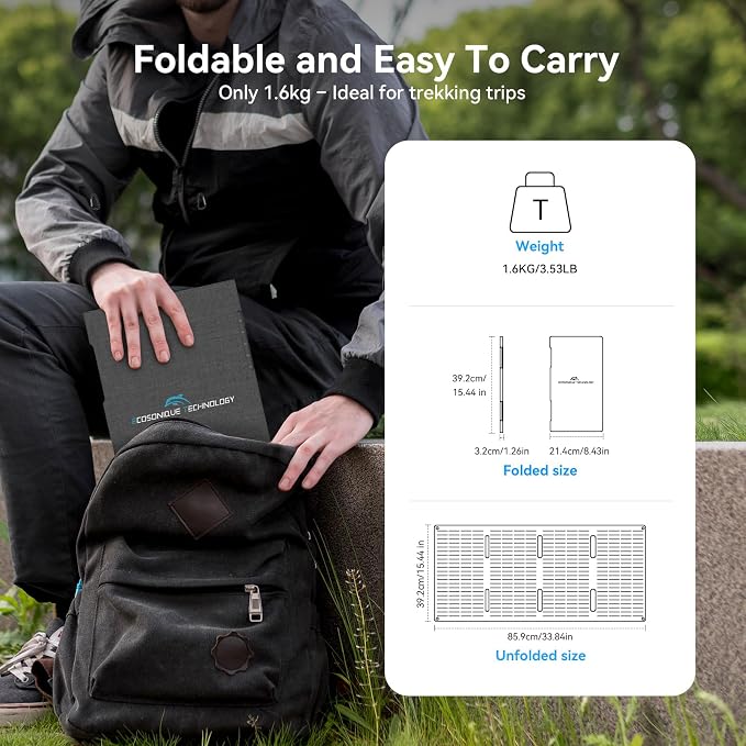 Ecosonique 60W Portable Solar Panel Charger 3.53 lbs Ultra-Light Foldable ETFE, USB-C 33W PD3.0 & USB-A 24W QC3.0 Fast Charging 18V DC XT60 for Power Station, Phones, Tablets, Camping, Emergency