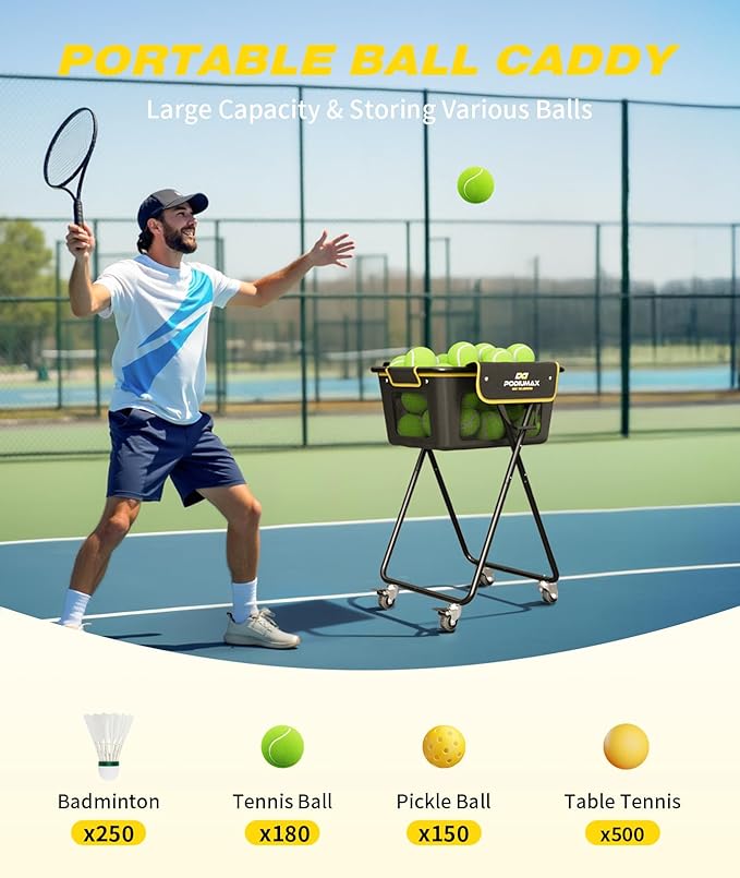 PodiuMax Pickleball Tennis Ball Hopper, Holds 180 Tennis-Balls or 150 Pickle Balls, Foldable Pickleball Caddy for Men Women Teen, Waterproof Tennis Ball Basket for Learners & Coaches