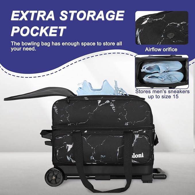Goloni Double Roller 2 Ball Bowling Bag with Separate Shoe Compartment,2 Ball Bowling Bag with Wheels,Retractable Handle Extends to 40"