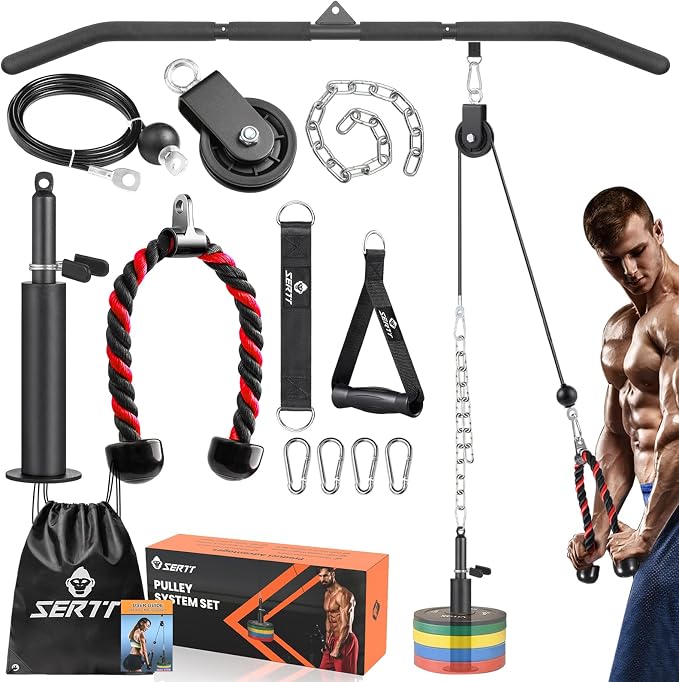 SERTT Cable Pulley System Gym, Power Rack Pulley Attachment with 2-in-1 LAT Pull Down Bar and Upgraded Loading Pin,Used for Triceps Pulldown, Biceps, Back, Shoulder