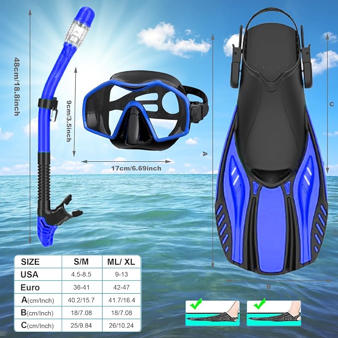 Snorkeling Gear for Adults,Mask Fins Snorkel Set,Panoramic View Diving Mask Anti-Fog,Dry Snorkel,Adjustable Swim Flippers and Travel Bag,Adults Snorkel Gear for Swimming Snorkeling Diving
