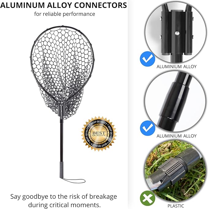 High Strength Large Landing Net - Rubber Fishing Net with Long Telescoping Handle & Soft Rubber Netting, Landing Nets for Fishing, Ideal for Boat, Pier, River Angling