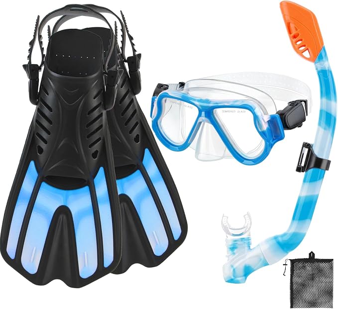 Snorkeling Gear for Kids, 4 in 1 Child Mask Fins Snorkel Set with Panoramic View Anti Fog Mask, Dry Top Snorkel, Trek Fins and Travel Bag, Kids Snorkeling Set with Fins for Snorkeling Swimming