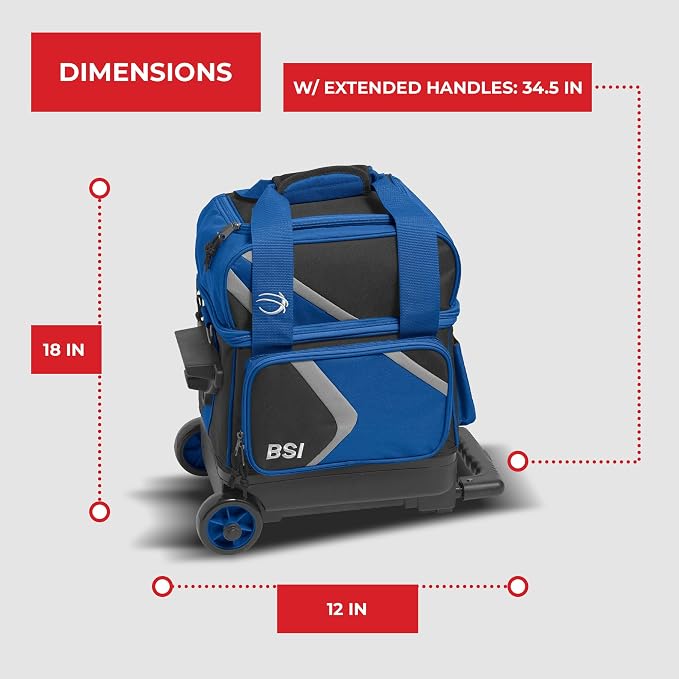 BSI Dash Roller Bowling Bag with Smooth Rolling Wheels, Padded Ball Compartment, Retractable Locking Handle, & Shoe Pocket