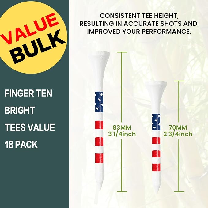 FINGER TEN Premium Bamboo Wood Golf Tees Unique Box Design 18-Pack Per Box Value 18/72/180 Pack, Wooden Tees in 2 3/4" 3 1/4" Durable for Golfers, USA Flag Design Pro Tee Choice