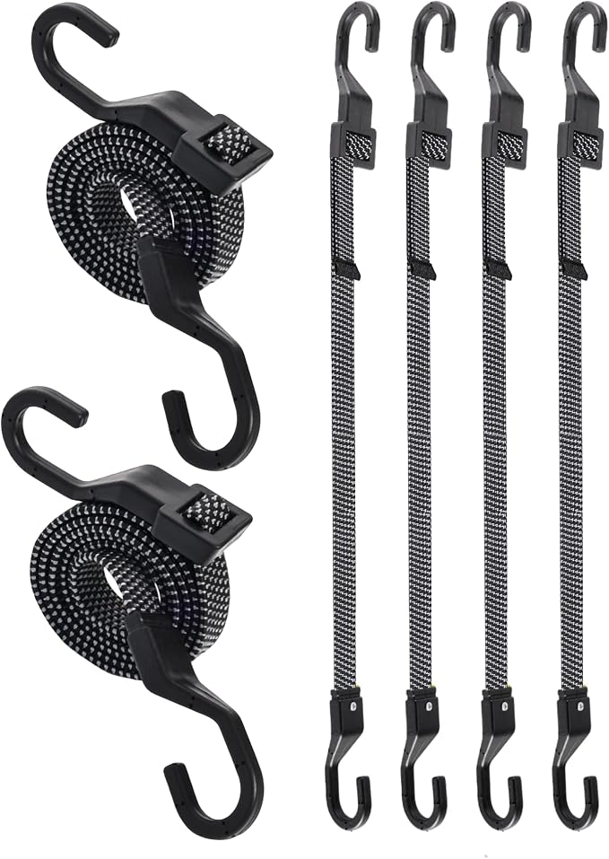 6 Pcs 40 Inch Flat Adjustable Bungee Cords with Hooks, 3X Faster to Adjust The Length, Lucky Straps Black Heavy Duty Bungee Straps for Cargo, Bike, Cart, Tent, Truck, Camping, Outdoor, etc