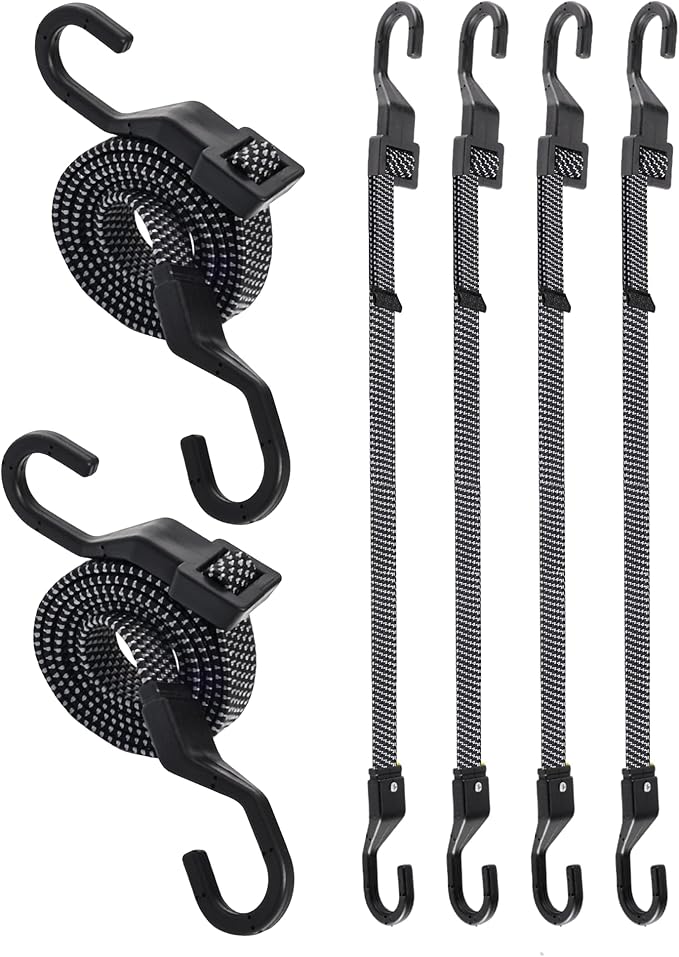 6 Pcs 48 Inch Flat Adjustable Bungee Cords with Hooks, 3X Faster to Adjust The Length, Lucky Straps Black Heavy Duty Bungee Straps for Cargo, Bike, Cart, Tent, Truck, Camping, Outdoor, etc