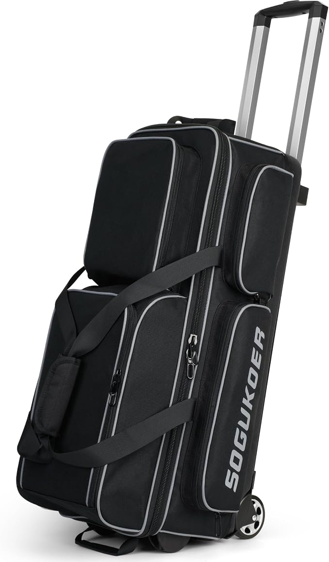 3 Ball Bowling Bags with Wheels, Premium Bowling Bags 3 Ball Roller - 900D Reinforced Oxford, Bowling Ball Bag with Large Separate Shoe Compartment & Accessory Pocket