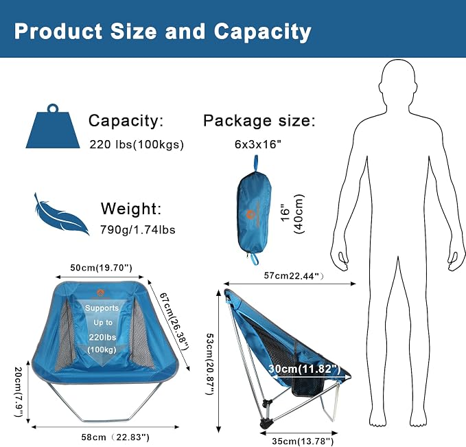Ultralight Folding Camping Chair Low Lightweight Foldable Camp Chairs with Carry Bag for Hiking, Backpacking, Picnic, Outdoor Concert, Sports Events, Beach