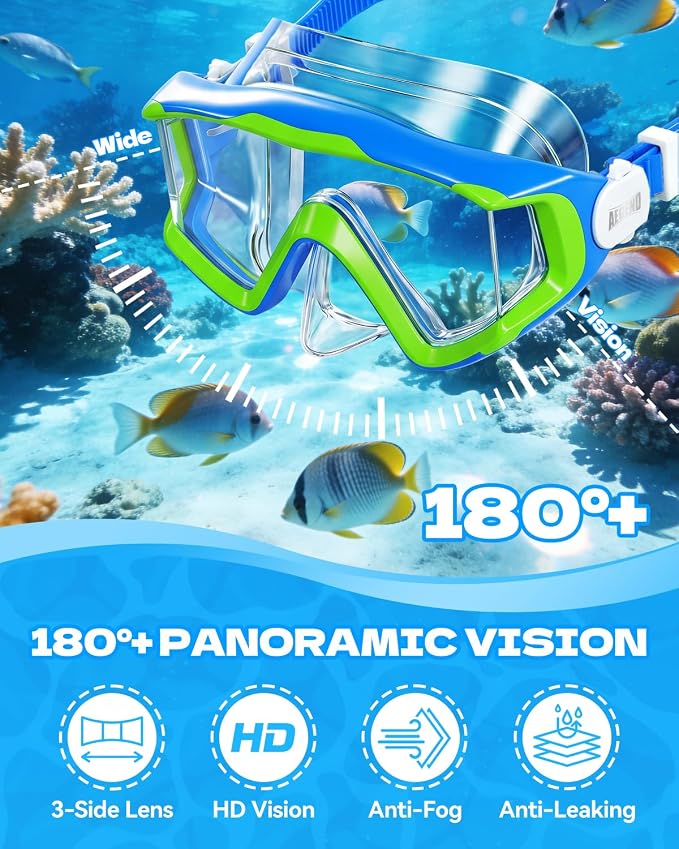 Aegend Snorkeling Gear for Kids Youth – 4-in-1 Snorkel Set with Anti-Fog Mask, Dry Snorkel & Adjustable Fins for Swimming, Diving, Snorkeling, Beach Vacation – Includes Travel Mesh Bag