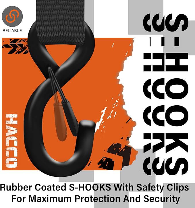 HACCOPLANET Ratchet Straps, 5280lb Break Strengeth, 1.6" Heavy Duty Ratchet Tie Down Strap Set w/Padded Handle, S Hook, Soft Loop for UTV Motorcycle Truck Cargo Straps (Black, 16FT)