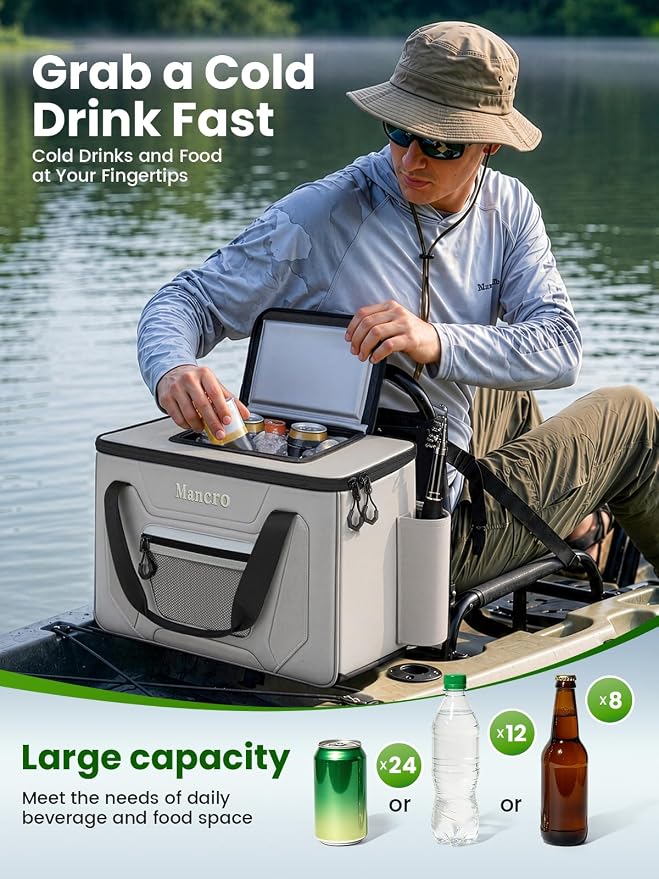 Mancro Kayak Cooler Behind Seat, 24 Cans Kayak Fishing Accessories for Lawn Chair Seat, Leakproof Cooler for Kayak with Quick-Access Top Hatch and Fishing Rod for Kayaking, Beach, Picnic