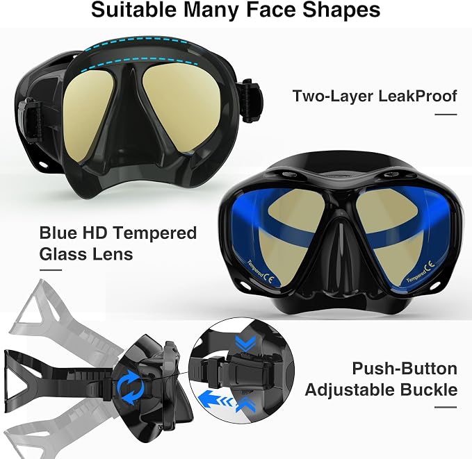 Snorkeling Gear for Adults, Snorkel Mask With Mirrored Tempered Glass Lens 180° Wide View Anti-Fog Scuba Diving Mask, Professional Snorkel Set for Swimming Diving, Gifts for Women Mom Men Dad