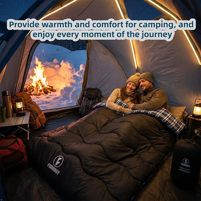0 Degree Flannel Double Sleeping Bag for Adults, Couples or Family - Winter Queen Size Waterproof & Warm 2-Person Sleeping Bag for Cold Weather Camping, RV Travel