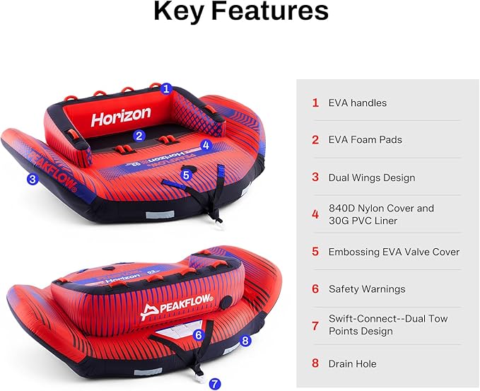 PEAKFLOW Towable Tube,Boat Tube,1-3 Person,Tubes for Boating,PVC Liner and Full Nylon Cover,Lake & Ocean Fun