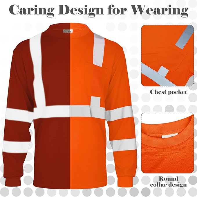 Amylove 4 Pcs Long Sleeve Safety Shirt High Visibility Reflective Construction Work Shirts for Men Women(XXXL,Orange)