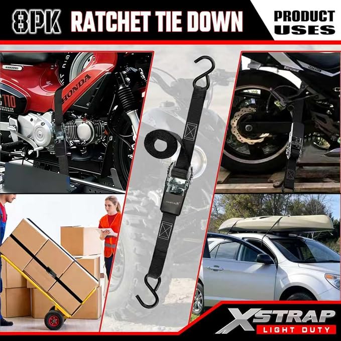 XSTRAP STANDARD 8-Pack Ratchet Tie Down Straps, 1" x 10ft, 900lb Break Strength Heavy Duty Straps for Motorcycles, ATVs, Lawn Equipment, Appliances & Truck Cargo - Black