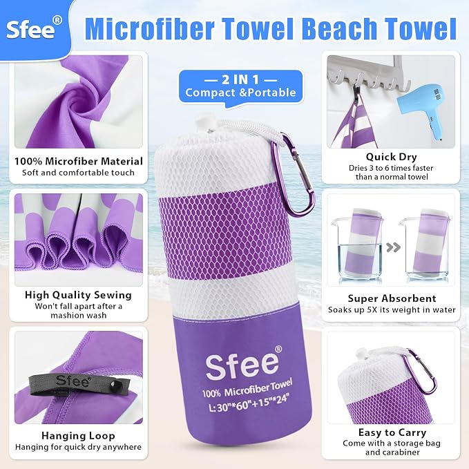 Sfee 2 in 1 Microfiber Travel Towel, Quick Dry Towel Camping Towel Beach Towel Super Absorbent Compact Lightweight Sports Gym Towel Set for Gym, Hiking, Pool, Bath, Yoga (Small: 32''x16'')