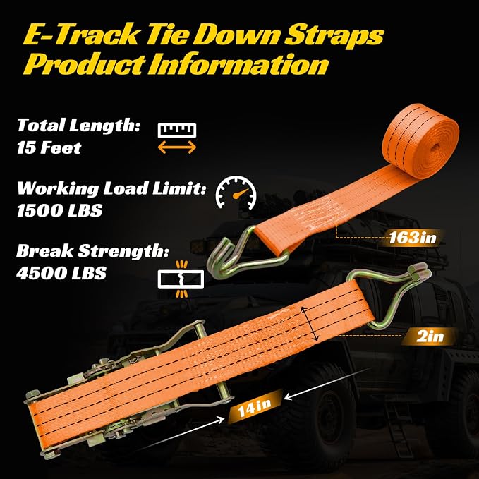 6 Pack 2" x 15' Heavy Duty Ratchet Straps - 4500LBS Break Strength - Tie Down Straps with J-Hooks for Trucks, Trailers, Motorcycles, and Cargo（Orange）
