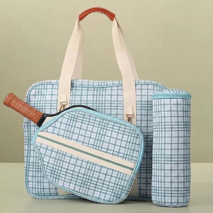 Plaid Paddle Sports Tote Bag with Cover Set, Large Capacity 3-in-1 Bag for Women Men Paddle Compartment and Removable Shoulder Strap Fits Sports Balls and Court Gear