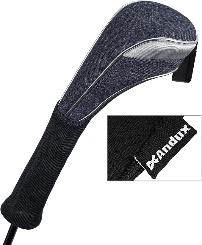 Andux 3pcs/Set Nylon Golf Wood Club Head Covers with Long Neck | for 460cc Driver Fairway Wood Club Silver Piping Pull-On Closure