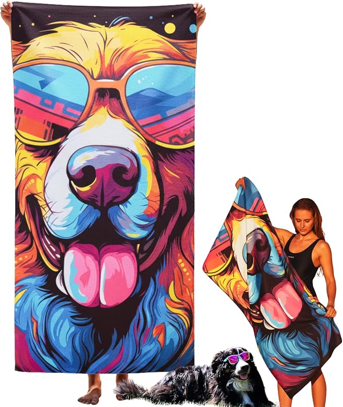Microfiber Funny Happy Dog in Sunglasses Colorful Beach Towel for Women, Girls, Kids, Men, Plush Beach Towel, Quick Dry Pool Towel Super Soft, Oversized 31x62 Inches