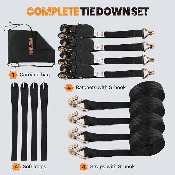 12FT Heavy Duty Ratchet Straps with Double J-Hooks 4-Pack - 1” 1750lb Break Strength, Anti-Slip Secure Lock for Motorcycle, ATV, Trailer & Cargo - Black