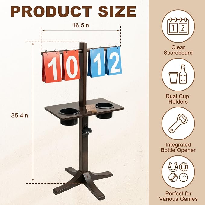 Cornhole Scoreboard with Drink Holder, Wooden Corn Hole Scoreboard with Bottle Opener and Phone Holder, Suitable for Sandbag Throwing, Beach Volleyball Tennis and Other Outdoor Games