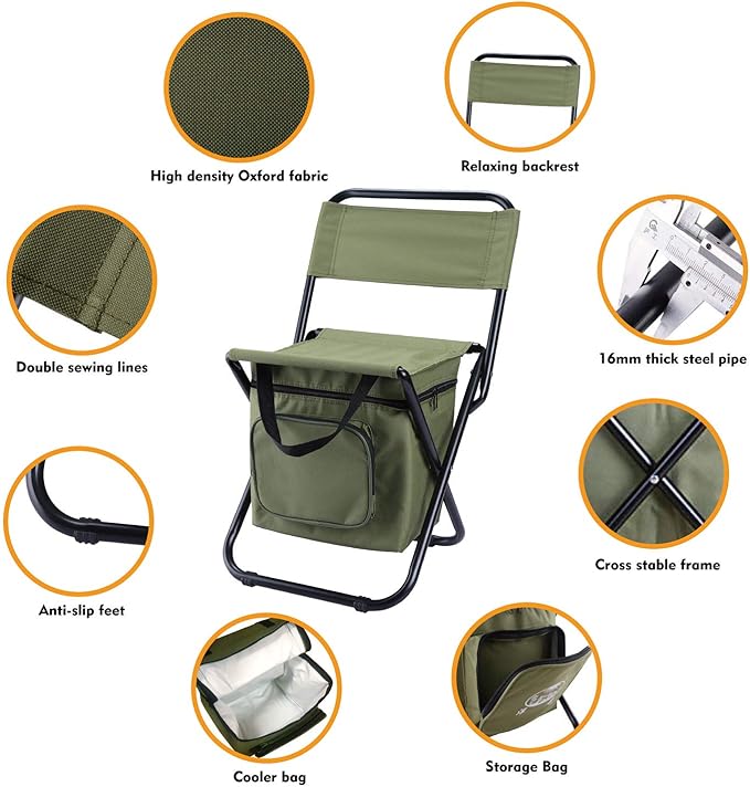 LEADALLWAY Fishing Chair with Cooler Bag Compact Fishing Stool Foldable Small Hunting Chair 12.2" Seat Depth,12.6" Seat Width