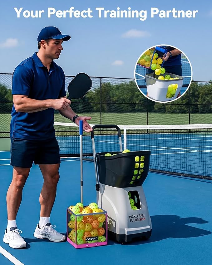 Pickleball Picker Upper 40+ Ball Capacity Hopper Holder, Foldable Basket with Telescopic Stainless Steel Handle, Quick Pickup No Bending Ball Retriever Collector, Portable for Court Training
