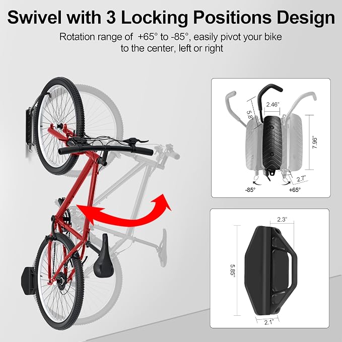 JAGASOL Swivel Bike Wall Mount, Vertical Bike Rack for Garage, Space-Saving Bike Storage and Hanger with Gear Position Lock, Supports Up to 66 lbs, Black