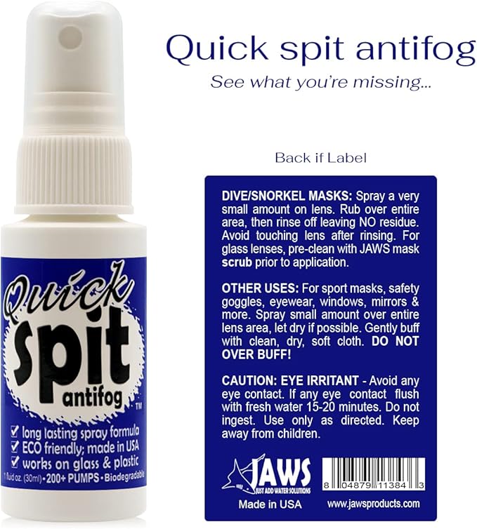 Jaws Quick Spit Anti-Fog Spray for Swim Goggles, Eye Glasses, Snorkel Mask, Scuba Divers, and Safety Eyewear, Made in the USA