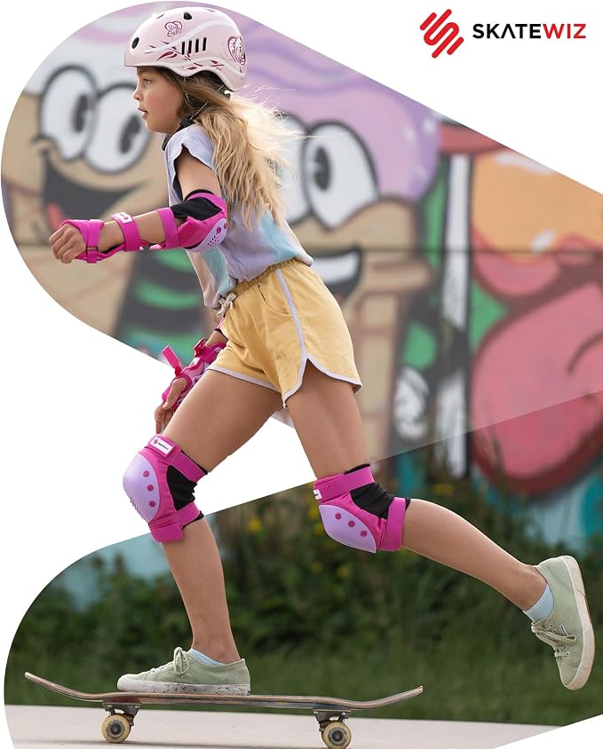 SKATEWIZ Skateboard Pads Protective Gear Set for Kids and Adults - Smash - Roller Skate Pads [6pc] with Wrist Guards - Skating Protective Gear - Roller Derby