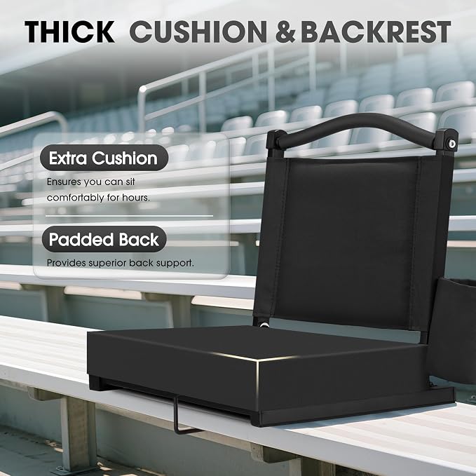 Fragess Bleacher seat, Stadium Seats with Back Support and Thick Cushion, Bleacher Chairs with Shoulder Strap and Side Pocket, Stadium Seat for Bleachers, Perfect for Sports Events(Black)