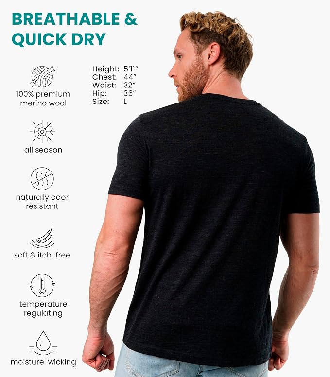 Merino Wool T-Shirt Mens - Merino Wool Undershirt Thermal Shirt for Men and Hiking Socks