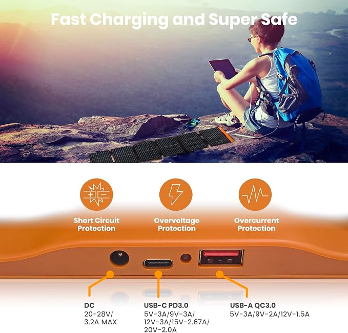 60W Foldable Solar Panel, Portable Solar Charger with USB-C PD3.0 / USB-A QC3.0 / DC 20-28V Port and 10W Portable Solar Panel ETFE Foldable Solar Panel Charger with USB-A Port