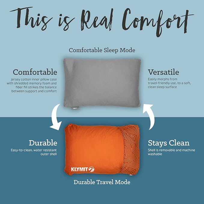 KLYMIT Drift Camping Pillow | Lightweight, Travel Head Rest for Sleep Filled with Shredded Memory Foam, Reversible Outer Cover for Extended Use, Regular Size — Orchid