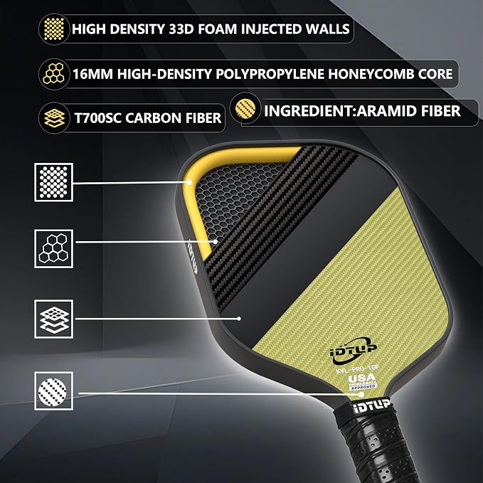 Pickleball Paddles,Pickleball Paddle,Carbon Fiber Pickle Ball Paddle-16MM,Hot Pressing Process Racket for Lightweight,Superior Control,Spin,Power and Consistency,USAPA Approved