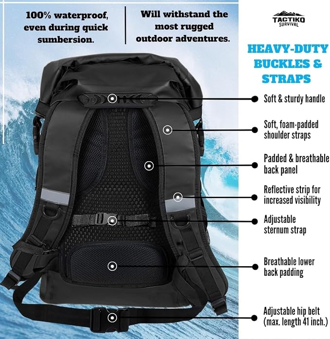 Tactiko Survival 30L Heavy-Duty 100% Waterproof Backpack - Equipment Pocket, Carabiner - Roll Top Floating Dry Bags (Jet Black)