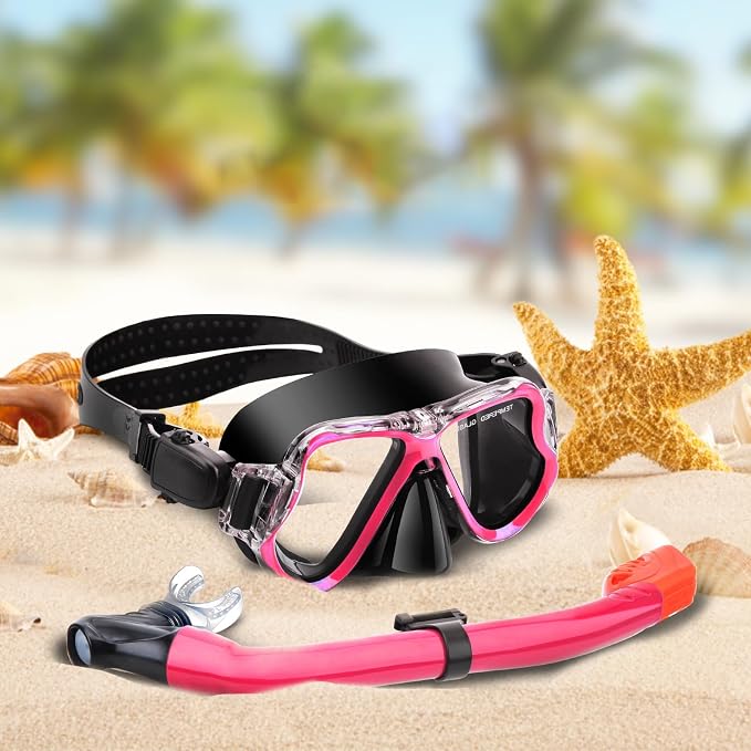 Snorkeling Gear for Kids, 4 in 1 Child Mask Fins Snorkel Set with Panoramic View Anti Fog Mask, Dry Top Snorkel, Trek Fins and Travel Bag, Kids Snorkeling Set with Fins for Snorkeling Swimming