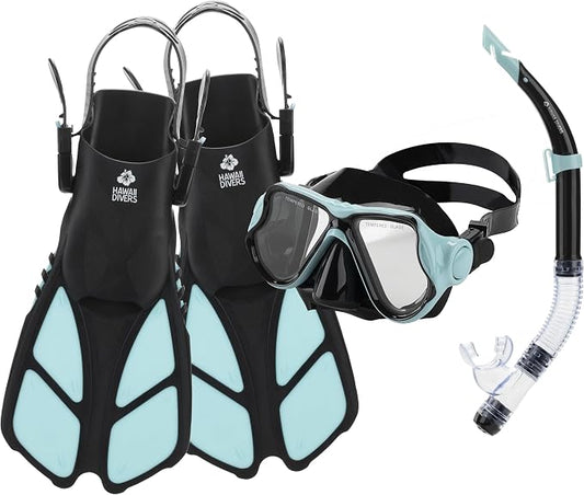 Hawaii Divers Manta Ray Adult Snorkel Set - Premium 2-Window Tempered Glass Snorkel Mask with Silicone Mouthpiece, Snorkeling Gear for Adults
