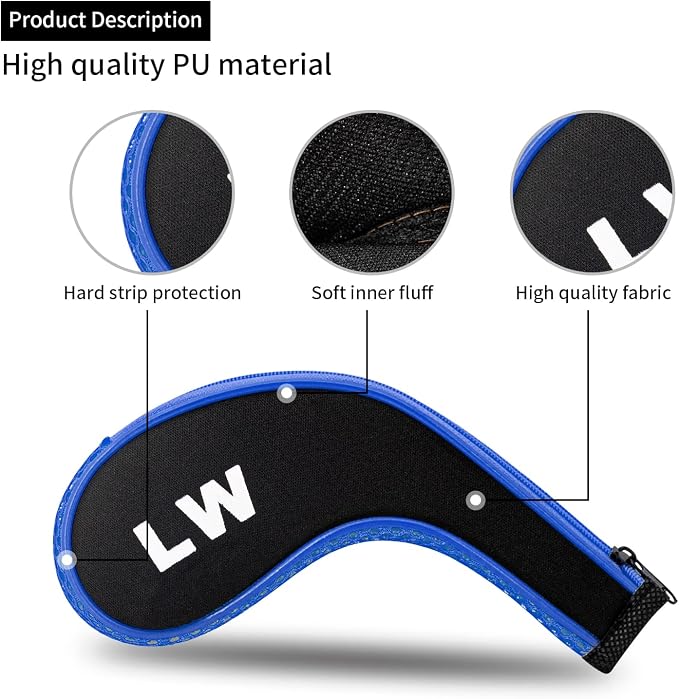 Golf Club 12pcs Thick Synthetic Zipper Long Neck Set Headcover Fit The Most Brands, Side Number Golf Iron Club Head Cover LW SW PW Covers #3,4,5,6,7,8,9