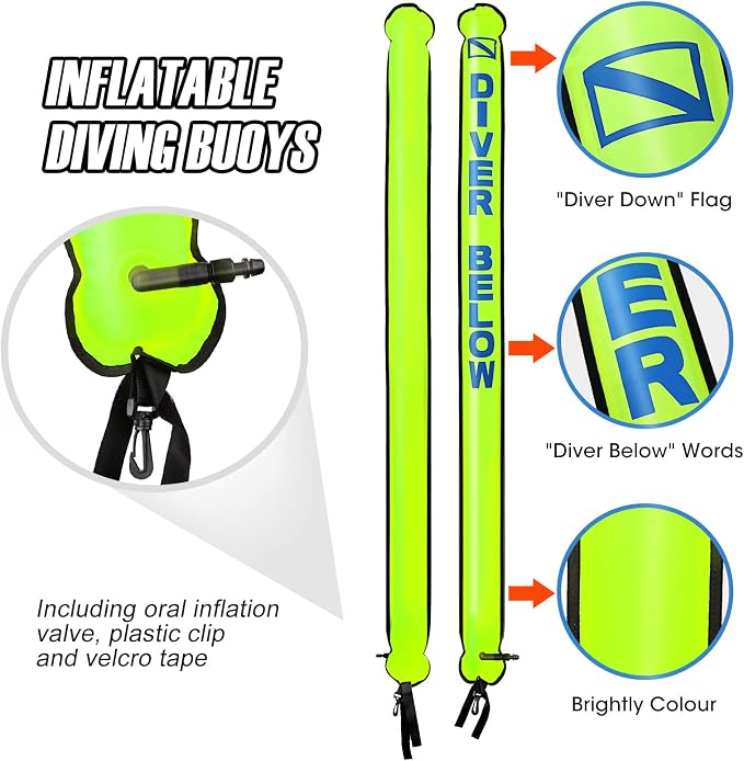 Surface Marker Buoy Set, 6ft Hi-Visibility Inflatable Closed Bottom Signal Tube Safety Sausage with 100ft/30m ABS Finger Spool Reel and Snap Kit for Underwater Scuba Diving