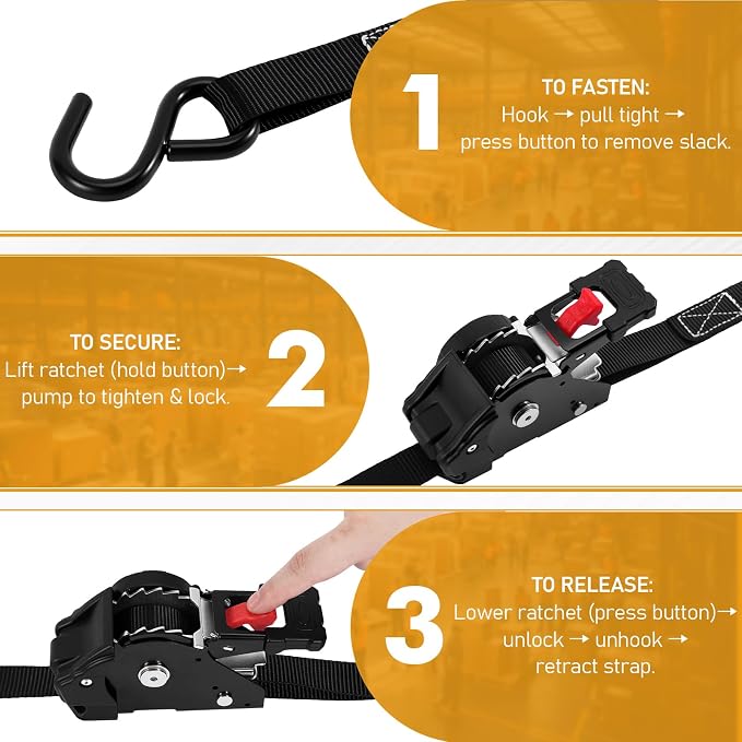 LEVELEVE Retractable Ratchet Tie Down Straps (1" x 10FT, 2-Pack, Black) - Heavy Duty 1760LBS Break Strength Quick-Lock, Weather Resistant for Moving, Cargo, Trucks & Boats