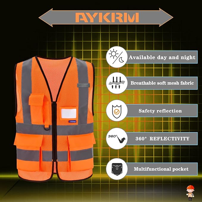 A-SAFETY High Visibility Mesh Safety Reflective Vest with Pockets and Zipper,Hi Vis Viz Reflective Safety Vest(Orange Mesh M)