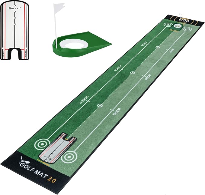 GLANC Golf Putting Practice Mat Set with Alignment Mirror & Cup, 20 in X 10 ft Training Aid Mat, Anti-Slip Backing Golf Putting Green for Indoor and Outdoor Use