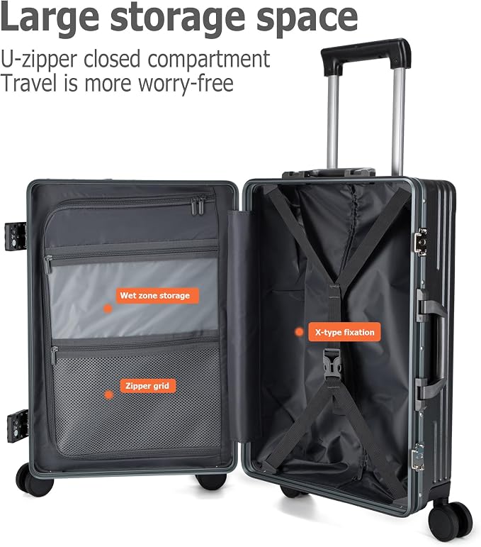 feilario Aluminium Frame PC Hard Shell Spinner Wheels Luggage,20.8"X15"X8.7 Airline Approved Built-In TSA lock Carry on Suitcase, with Cup Holder, USB Port, Phone Holder